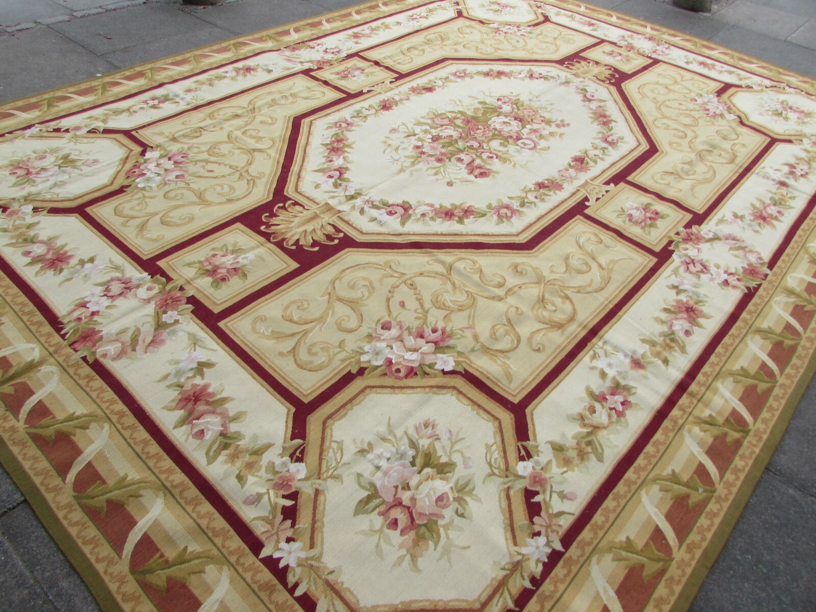 Vintage Hand Made French Design Wool Burgundy Large Original Aubusson 368X268cm gallery