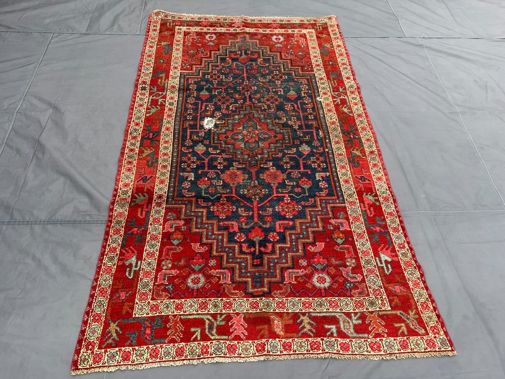 Antique Hand-Knotted Turkish-Inspired Rug, Geometric Pattern, Nomadic Art Rug