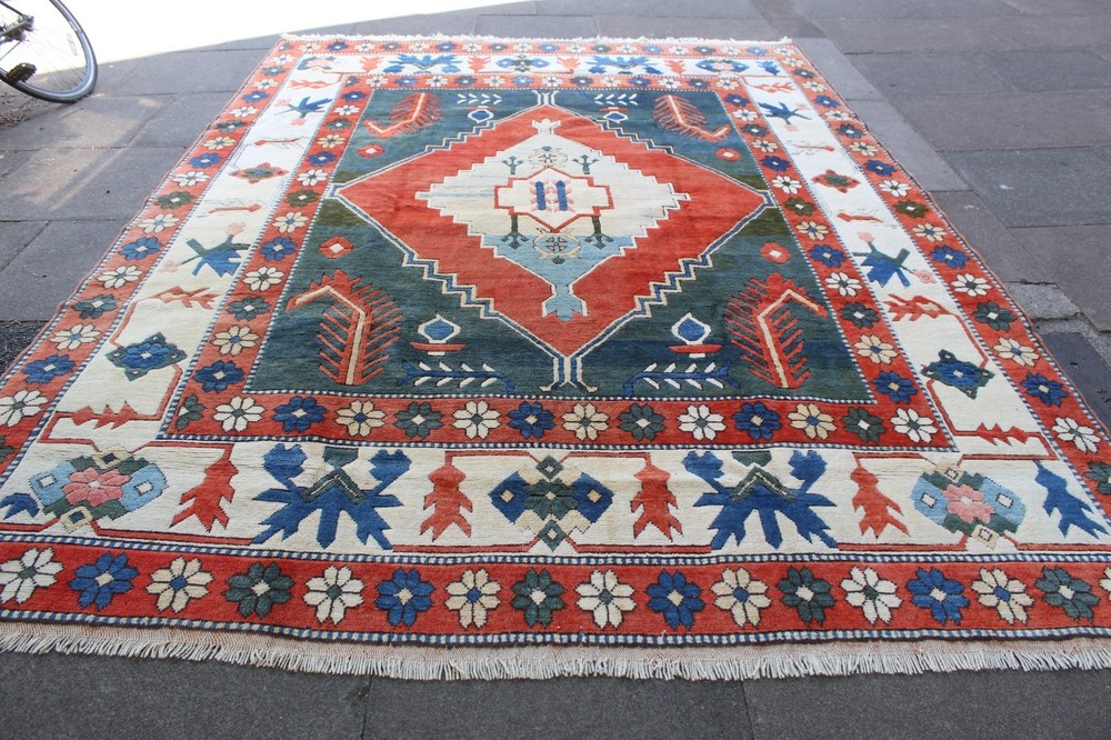 Vintage Traditional Hand Made Turkish Oushak Oriental Wool Green Carpet 345x253