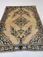Antique Oriental Hand-Knotted Wool Area Rug Lillian Ivory/Navy Blue 4’10” x 6’5″