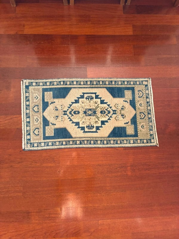 Vintage Oushak 2x3 Small Rug Blue Cream Beige Hand Knotted Turkish Wool Door Mat gallery