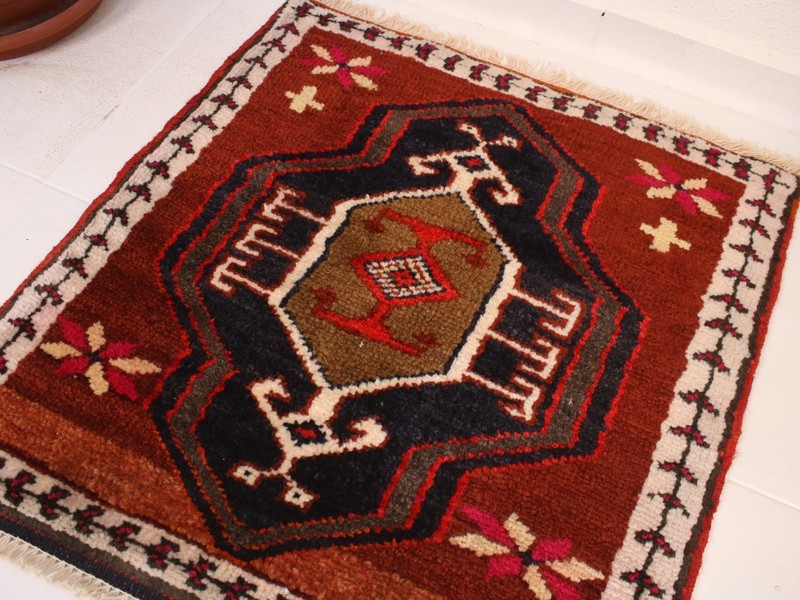 2x2 Turkish Handmade Door Mat Red Black Square Tribal 2.1x2.1 ft gallery