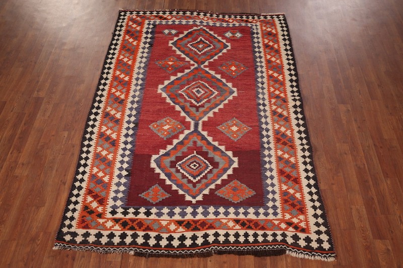 Hand-Woven Vintage Kilim Rug 5x7 Ft Geometric Orange / Red Wool Oriental Carpet gallery