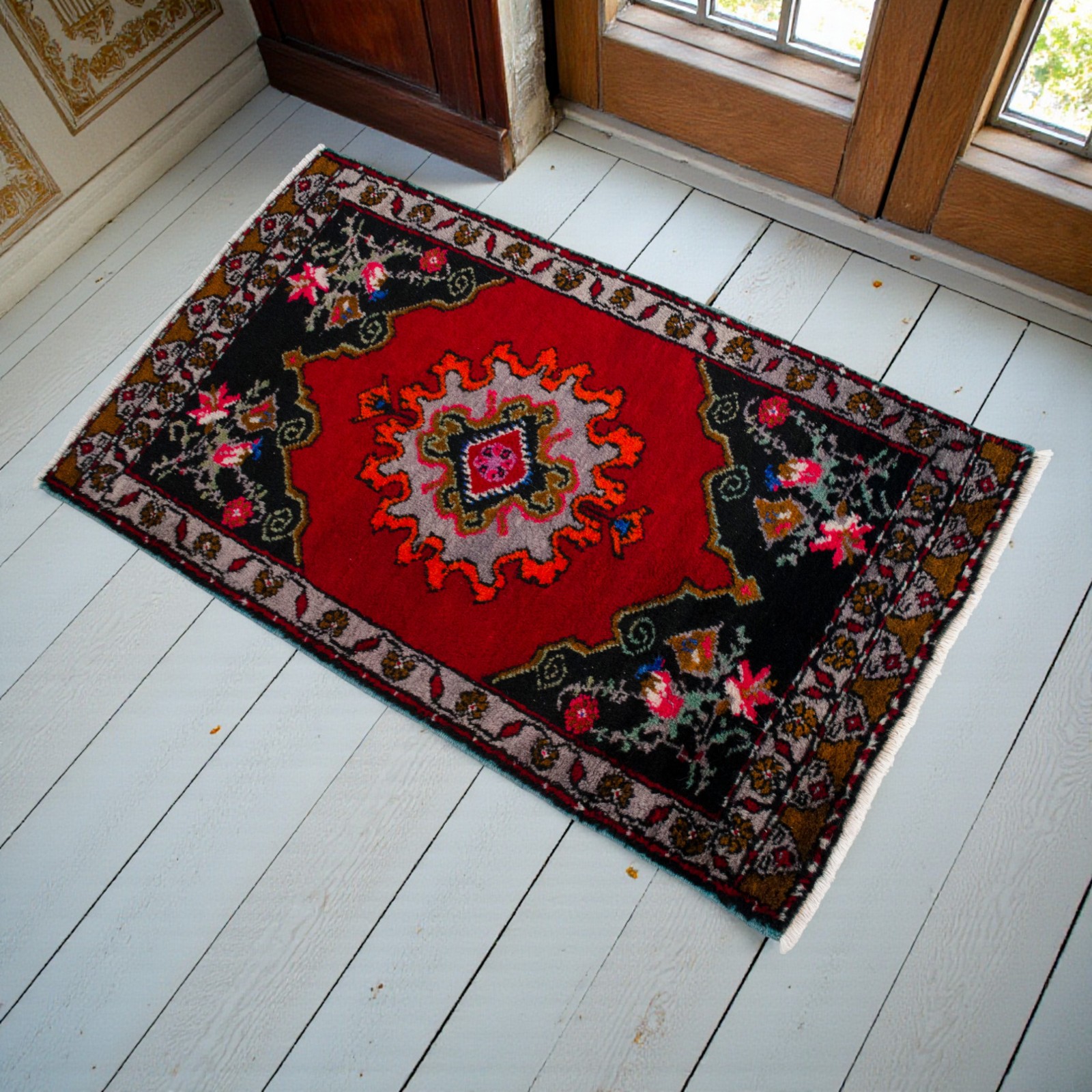 Vintage Turkish Rug Handmade Small Rug, Wool Doormat, Kitchen Rug, 2x3 ft approx gallery