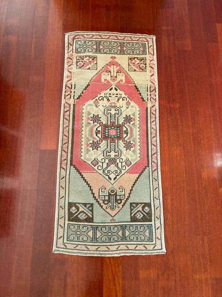 2x4 Small Runner Tribal Pink Blue Hand Knotted Vintage Turkish Wool Accent Rug