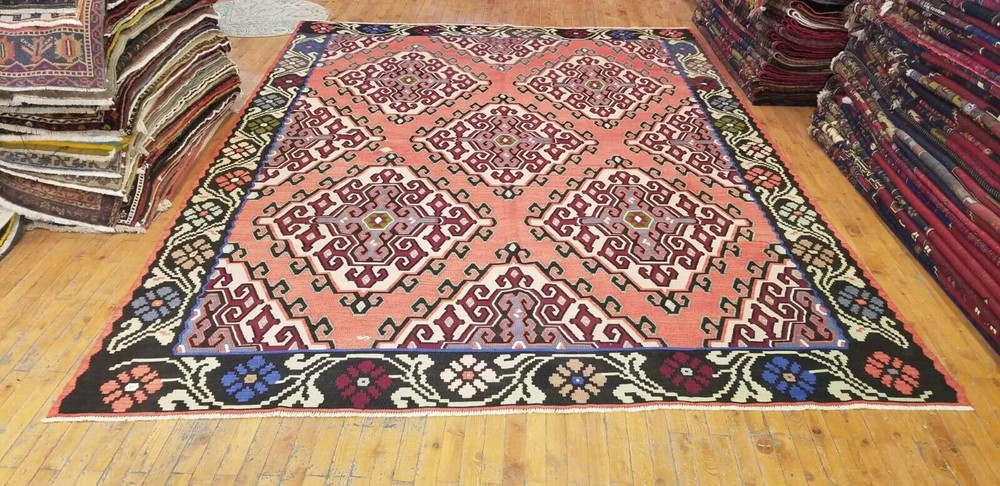 Bohemian 1900-1939s Antique Wool Pile Natural Dye Flat-Woven Kilim 7'9"×10'6"