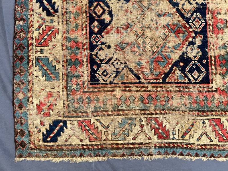 Cream Blue Distressed Low Pile Rug 3x8 ft Hand Knotted Turkish Runner Carpet gallery