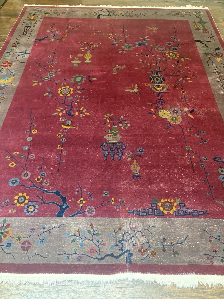 11.5x8.8 FT Vintage Handmade Chinese Art Deco Wool Rug ( C 1920’s) .