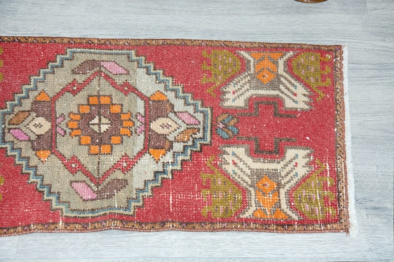 Vintage Turkish Oushak Rug 19x36 Inches, Red Colorful Geometrical Modern Rug gallery