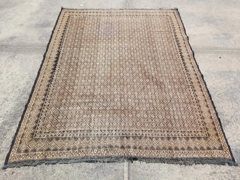 Distressed Vintage Traditional Handmade Anatolian Wool Black Kilim 7.4x5.8ft gallery