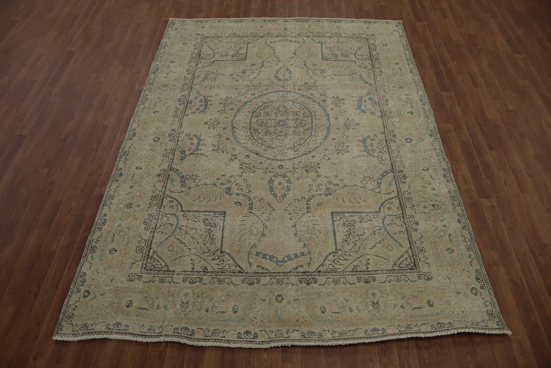Heritage Inspired: Ornate Beige Rug with Subtle Blue Hues Handmade Carpet 7x10 gallery