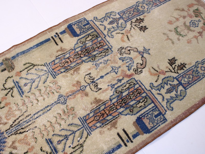 2.0x4.4 ft Turkish Handmade Door Mat Rug | Beige Blue Vintage Small Carpet gallery