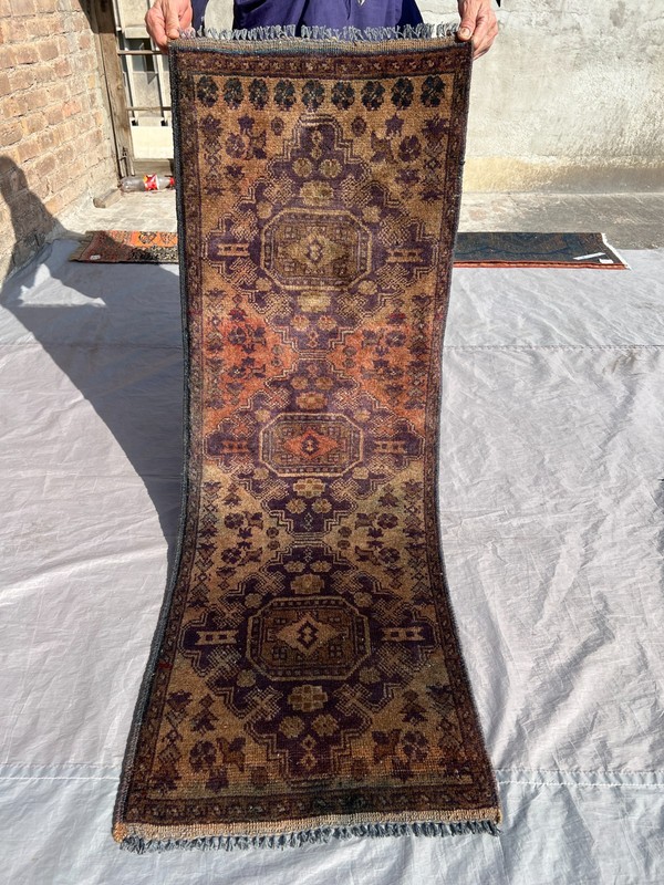 Brown Hand Knotted Afghan Runner Rug 2x5 ft Antique Terracotta Faded Wool Carpet gallery