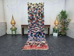 Moroccan Handmade Vintage Boucherouite 2’5”x8’8” Checkered Blue Cotton Carpet