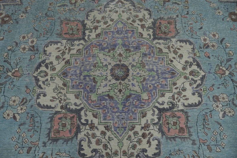 Light Blue Medallion Area Rug 10x12 Ft Hand-Knotted Over-Dyed Wool Carpet gallery