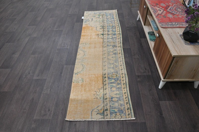Vintage Turkish Runner Rug 2x7ft YELLOW Handmade Anatolian Oushak Hallway Wool gallery