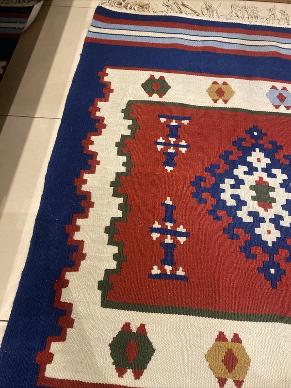 Turkish Kilim Rug Authentic Flat weave Wool Vintage Blue Red 93 Cm x 201 Cm gallery