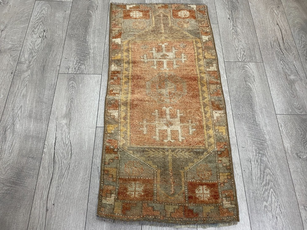 Faded Terracotta Turkish Anatolian Rug 1.7x3.5 Ft Handmade Geometric Small