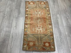 Faded Terracotta Turkish Anatolian Rug 1.7×3.5 Ft Handmade Geometric Small