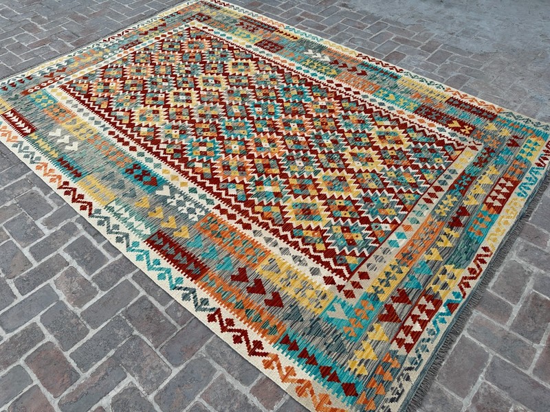 8x12 ft Afghan Turkmen Modern Traditional Multicolor Geometric Turkish Wool Rug gallery
