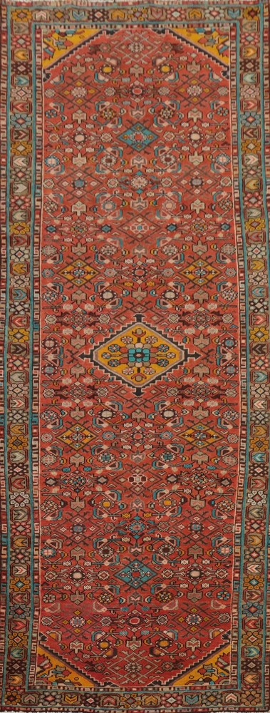 Geometric Hand-made Rust Wool 10 ft Runner Rug Vintage Traditional Carpet 4x10