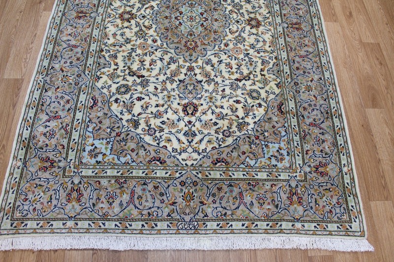 Fine Keshan Rug 218x145cm Hand Knotted Kurk Wool Signed Ivory Floral Medallion gallery