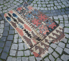 An Antique 1860’s Awesome Primitive Collector’s Piece Anatolian Fragment Kilim
