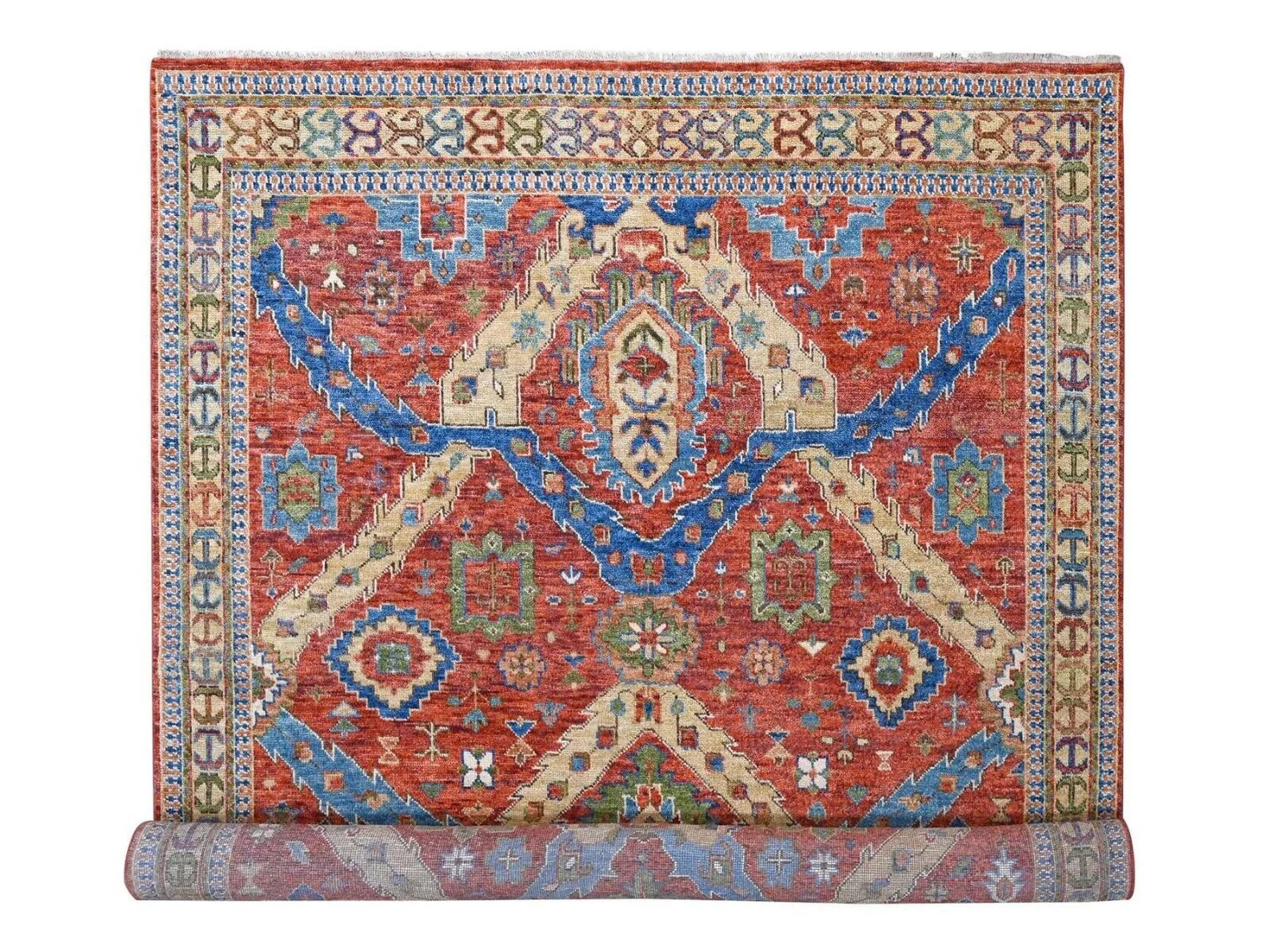 12'0" x 14'10" Coral Red with Touches of Blue and Green, Heriz Design Rug gallery