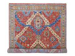 12’0″ x 14’10” Coral Red with Touches of Blue and Green, Heriz Design Rug