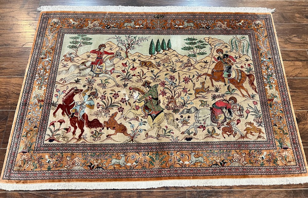Silk Oriental Rug 3x5 Hunting Pattern Handmade Signed Master Weaver 650 KPSI
