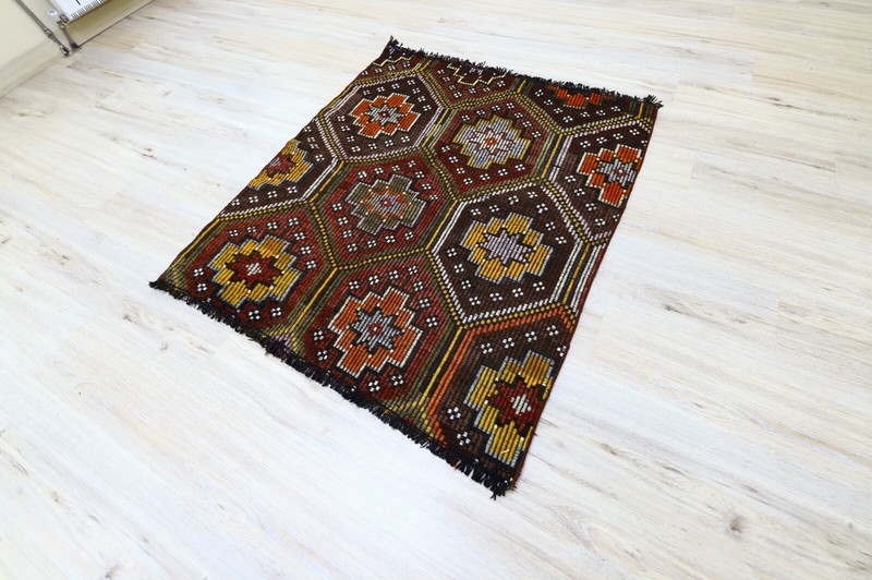 Cappadocia Ethnic Burgundy Carpet Traditional Handmade Vintage Kilim Rug 3.6x4ft gallery