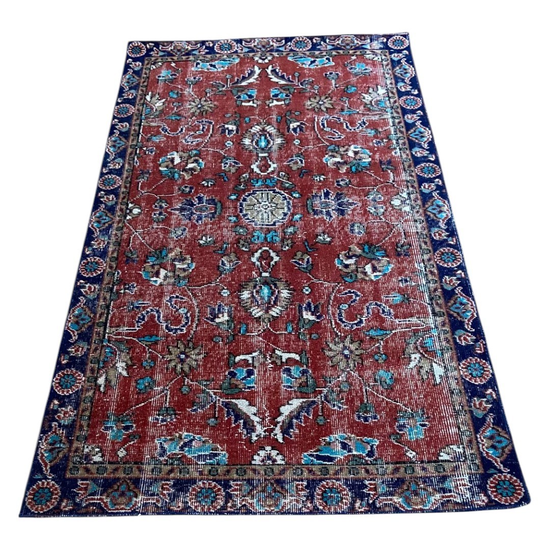 Hand-Knotted Turkish Vintage Red Carpet, Anatolian Oriental Carpet 3.4x6.6 feet gallery