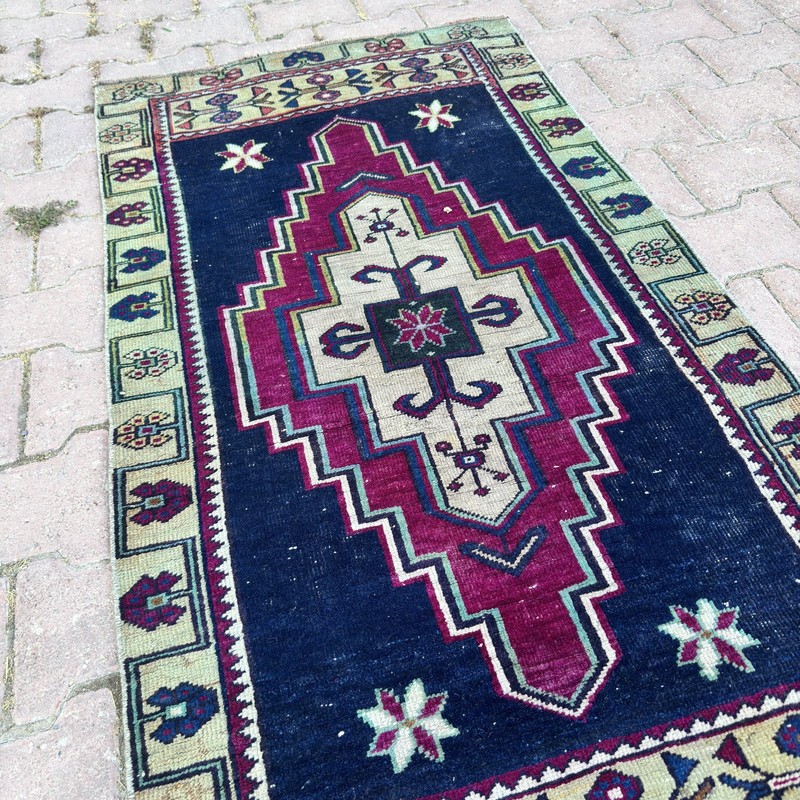 Burgundy Navy Wool Rug 3x5 Vintage Turkish Geometric Cream Green Rug-Tariff Free gallery