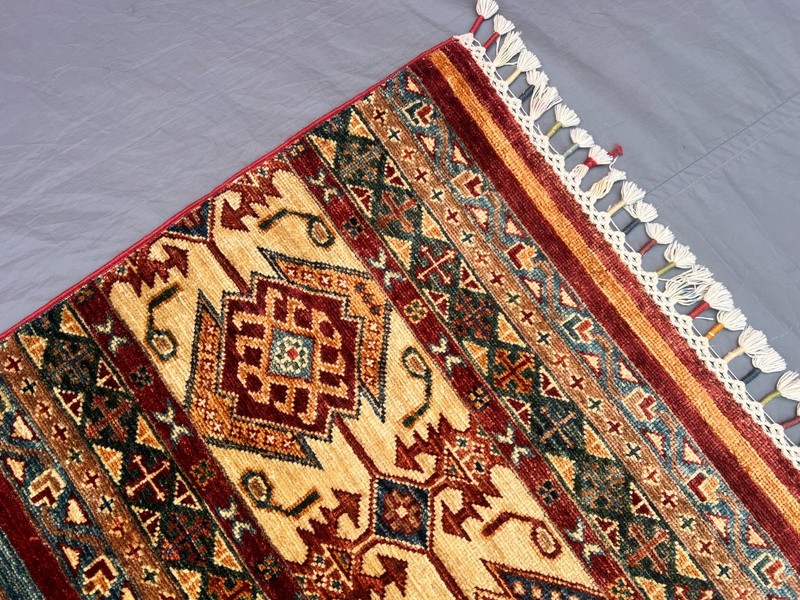 4'2x5'9 ft Vintage Afghan Kazak Hand Knotted Wool Striped Diamond Medallion Rug gallery