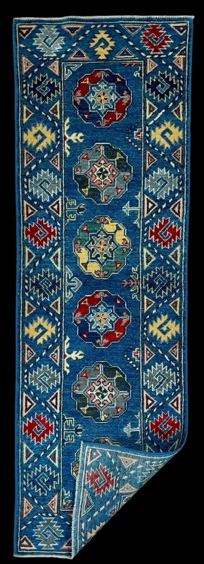 Brand New Colorful Small Runner Handmade Ocean Blue Gold Geometric Pak Kazak 2x6 gallery
