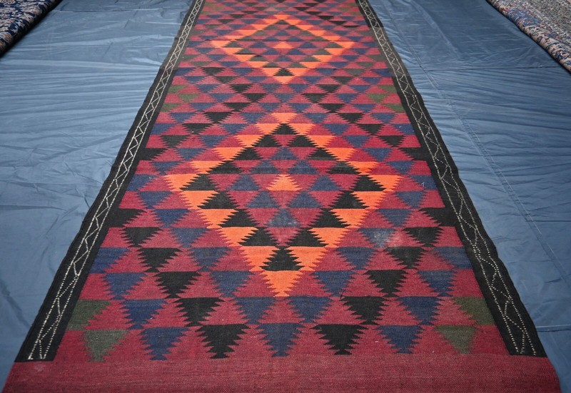 1940s Antique Afghan Geometric Kilim Rug 4x12 ft Handwoven Faded Wide Runner Rug gallery