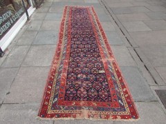 Antique Worn Hand Made Traditional Oriental Wool Blue Long Runner 393x105cm