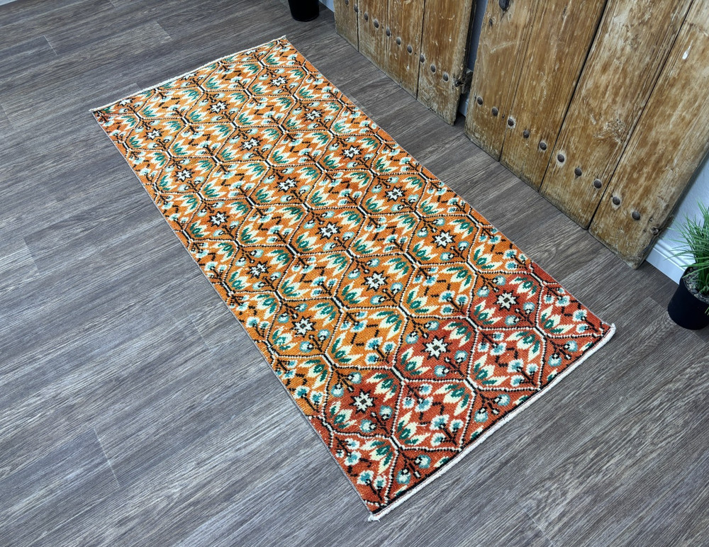 3x6 Vintage Turkish Runner, Hand-Knotted Wool Rust & Emerald Green Hallway Rug