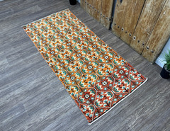 3×6 Vintage Turkish Runner, Hand-Knotted Wool Rust & Emerald Green Hallway Rug