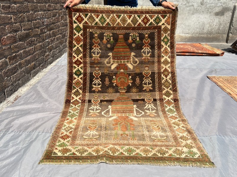 Faded Terracotta Antique Afghan Rug 3x5 ft Hand Knotted Turkmen Pictorial Carpet gallery
