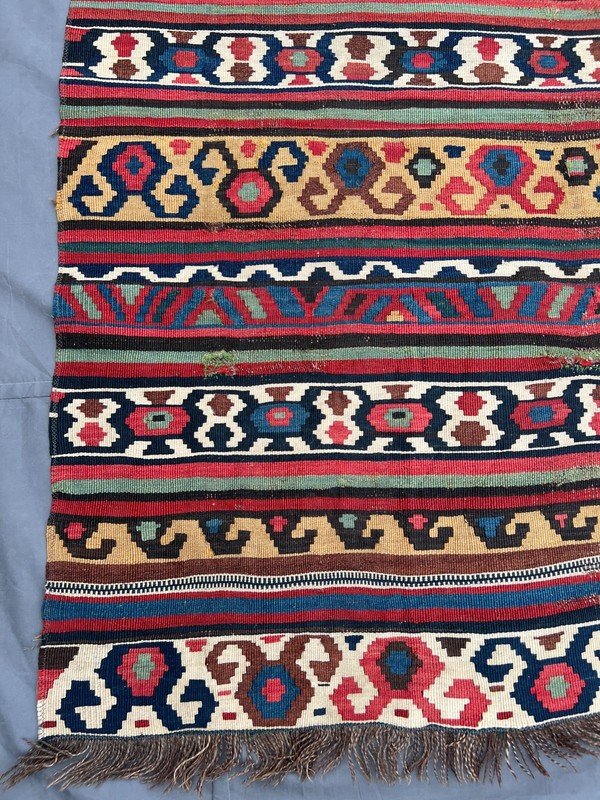 Multicolor Tribal Distressed Low Pile Kilim Rug 3x5 ft Anatolian Flatweave rug gallery