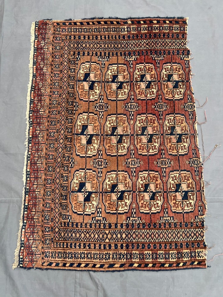Brown Blue Distressed Low Pile Rug 3x4 ft Hand Knotted Anatolian Antique Rug