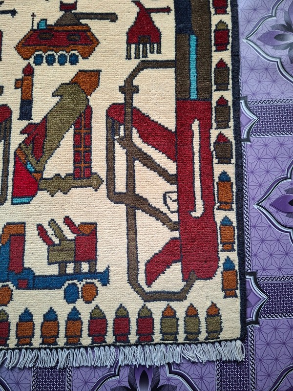 M110 Vintage Afghan War Rug 9/11 Handmade Wool Pictorial Tribal Rug 81 ×64 Cm gallery