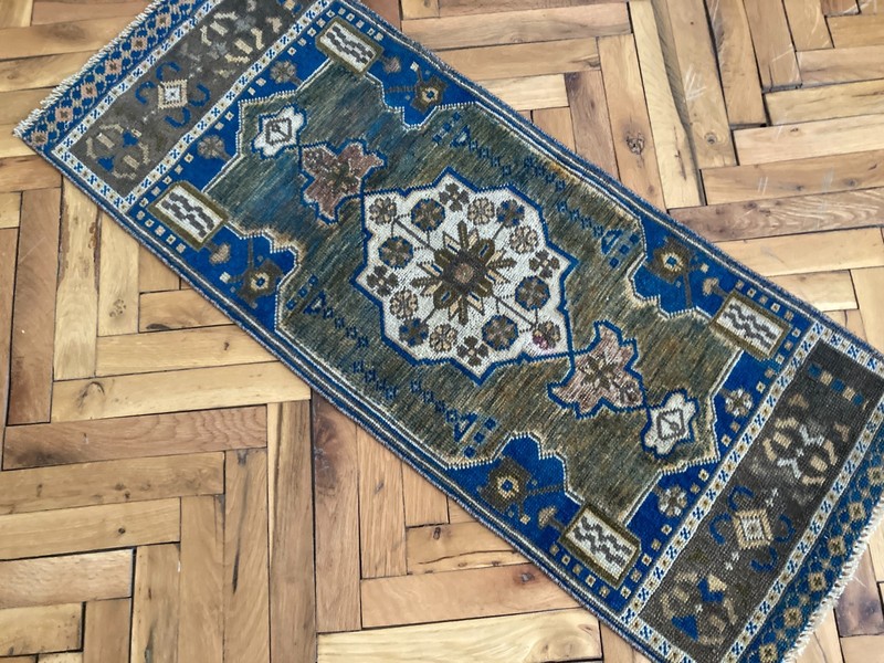 Entryway Wool Rug 1.4 x 3.6 ft Vintage Turkish Blue Brown Handwoven Carpet gallery