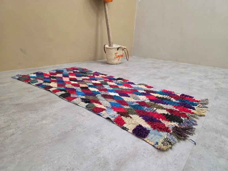 Moroccan Handmade Vintage Runner 2'6"x4'7" Berber Sky blue & Burgundy Cotton Rug gallery