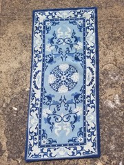 Antique Chinese Art Deco Style Hand Woven Blue & White Rug 3.4×1.4ft