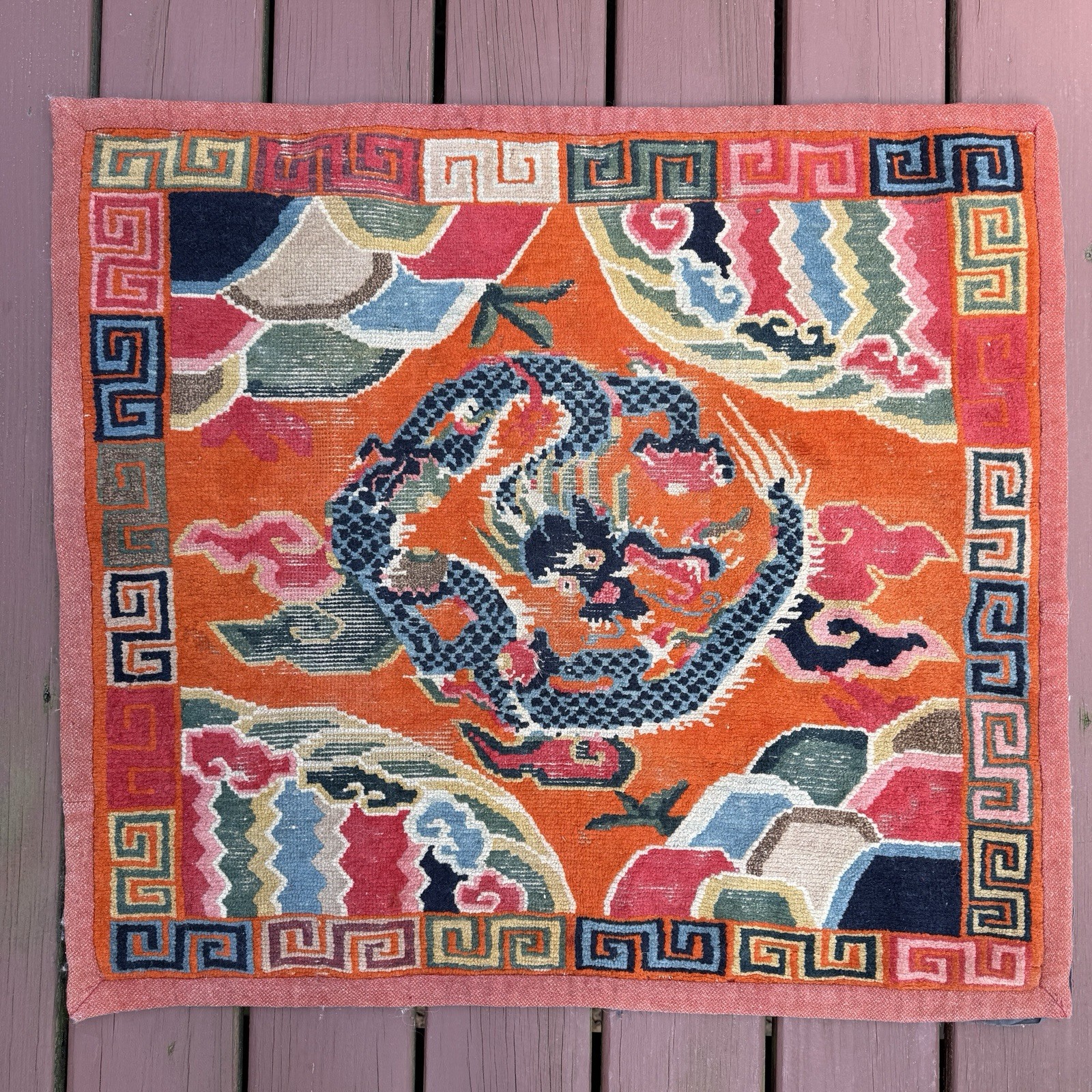 19th C. Antique Old Tibetan Tibet Chinese Dragon Qing Wool Rug Carpet Textile gallery