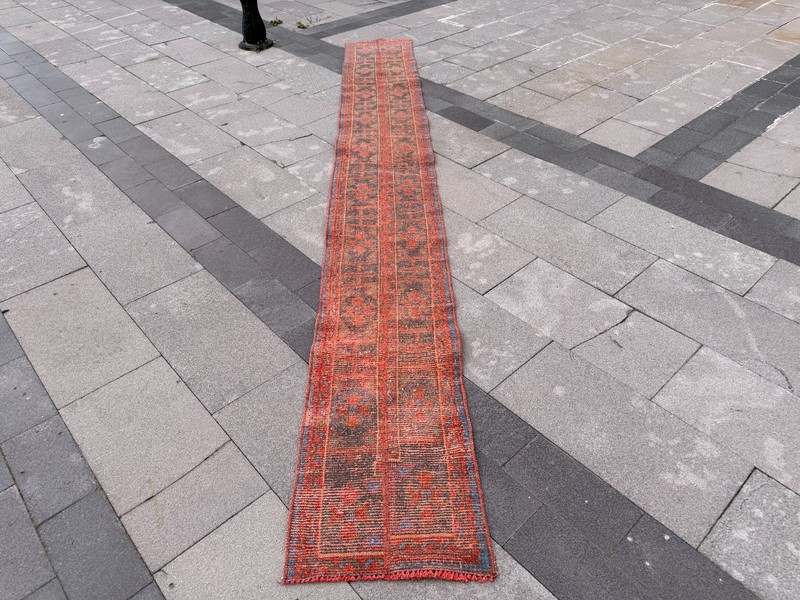 Vintage Turkish Runner Rug 1.5x11.6 ft Red Blue Oushak Hallway Rug gallery