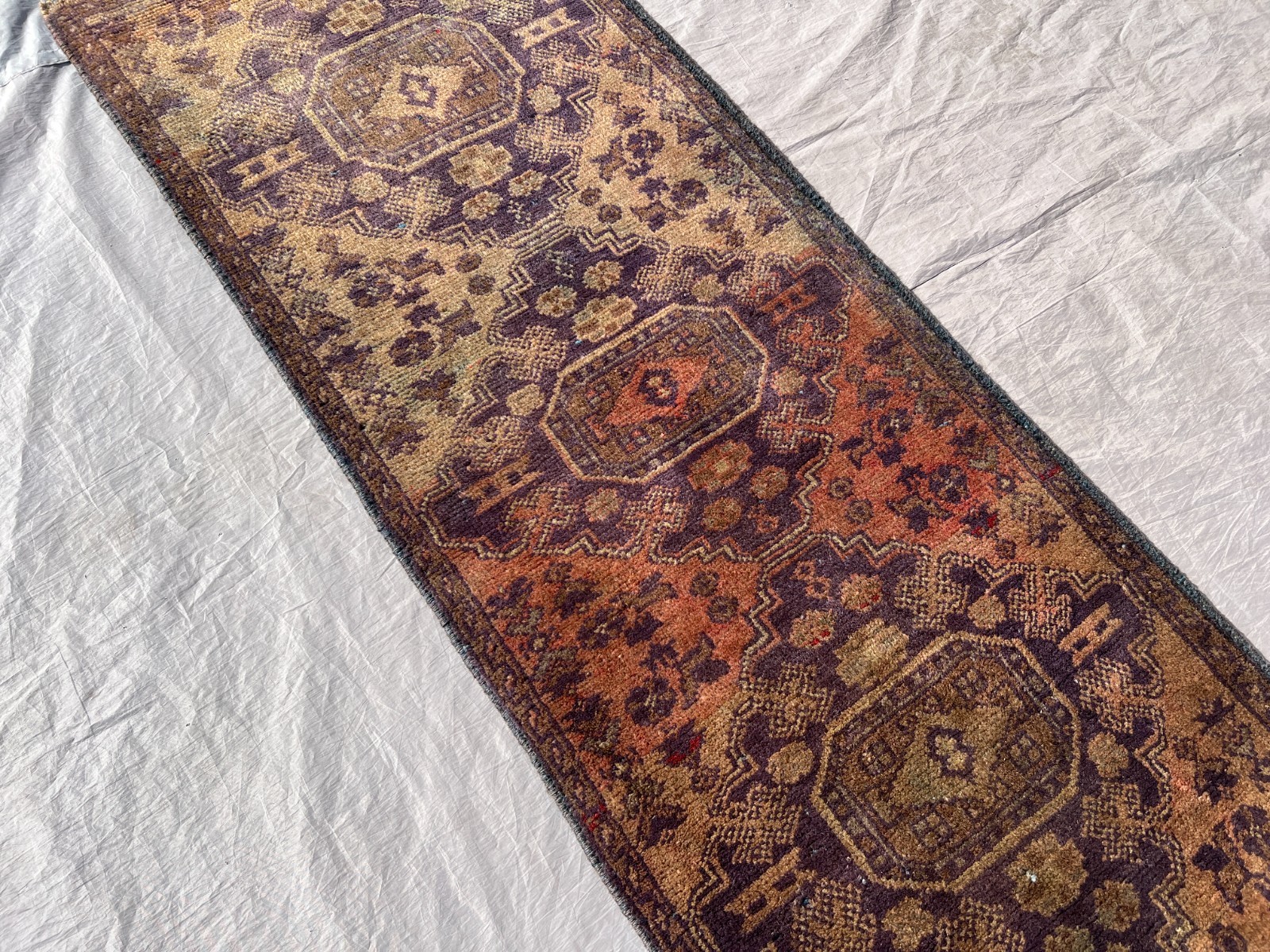 Brown Hand Knotted Afghan Runner Rug 2x5 ft Antique Terracotta Faded Wool Carpet gallery
