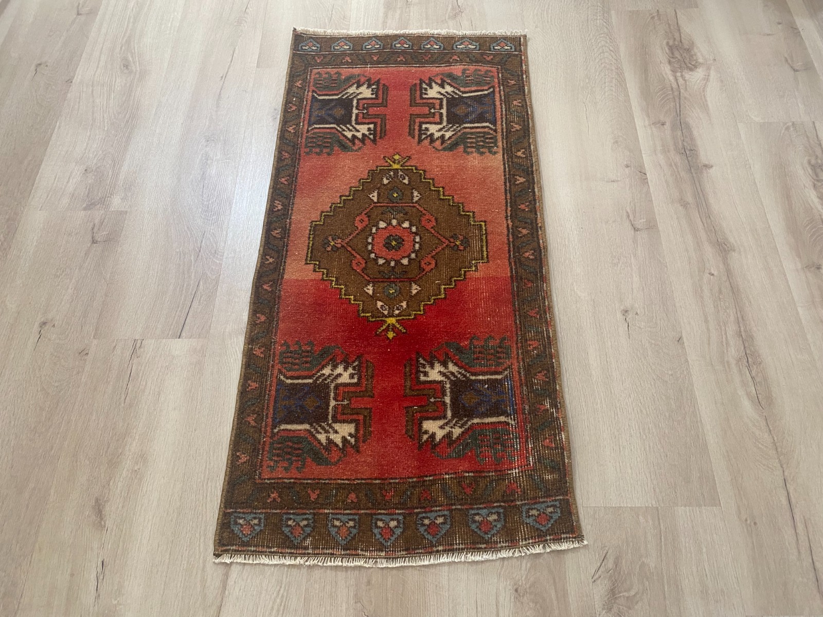 Vintage Turkish Tribal Runner Rug Handmade Coral Wool Hall Carpet 1.7x3.5 Ft gallery